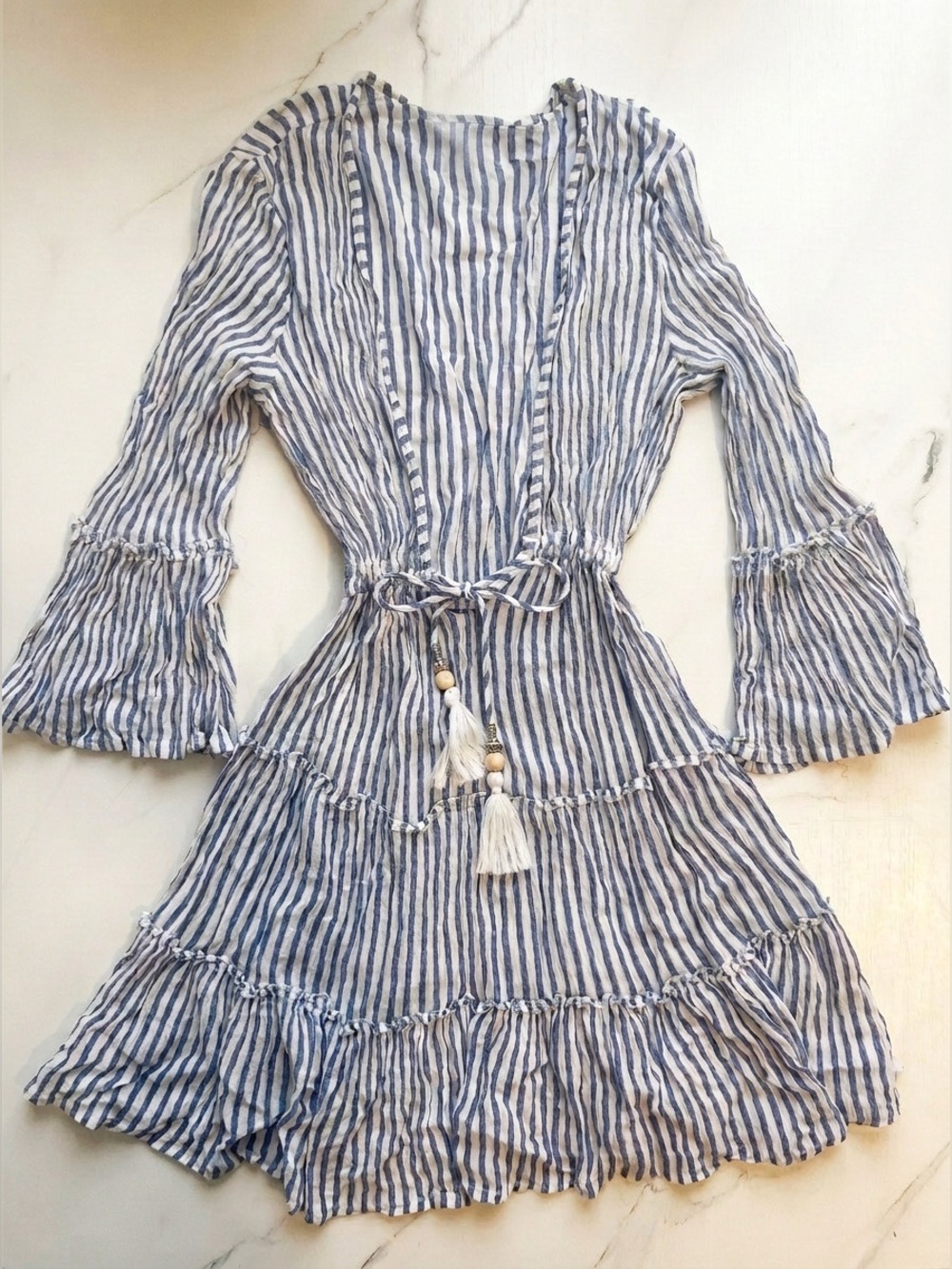 EUC blue island Blue and White Striped Tiered Cover Up / Dress with Tassel Tie